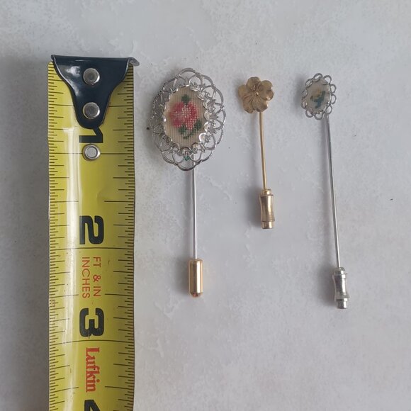 Set of 3- Edwardian Style Needlepoint Floral Lapel Pin/Hat Pin/Floral Pin - Picture 6 of 6